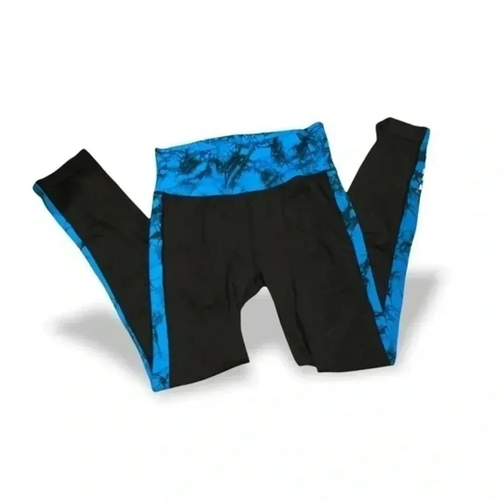 KURVE Wide Band Tie-Dye Blue Black Column Contrast Activewear Calf Legging OS